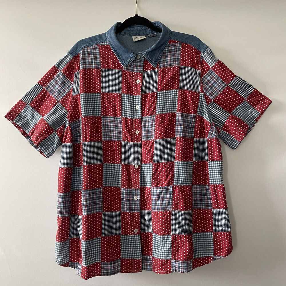 Quizz Woman Button Front Short Sleeve Madras Patchwork Shirt Red Blue Size 22